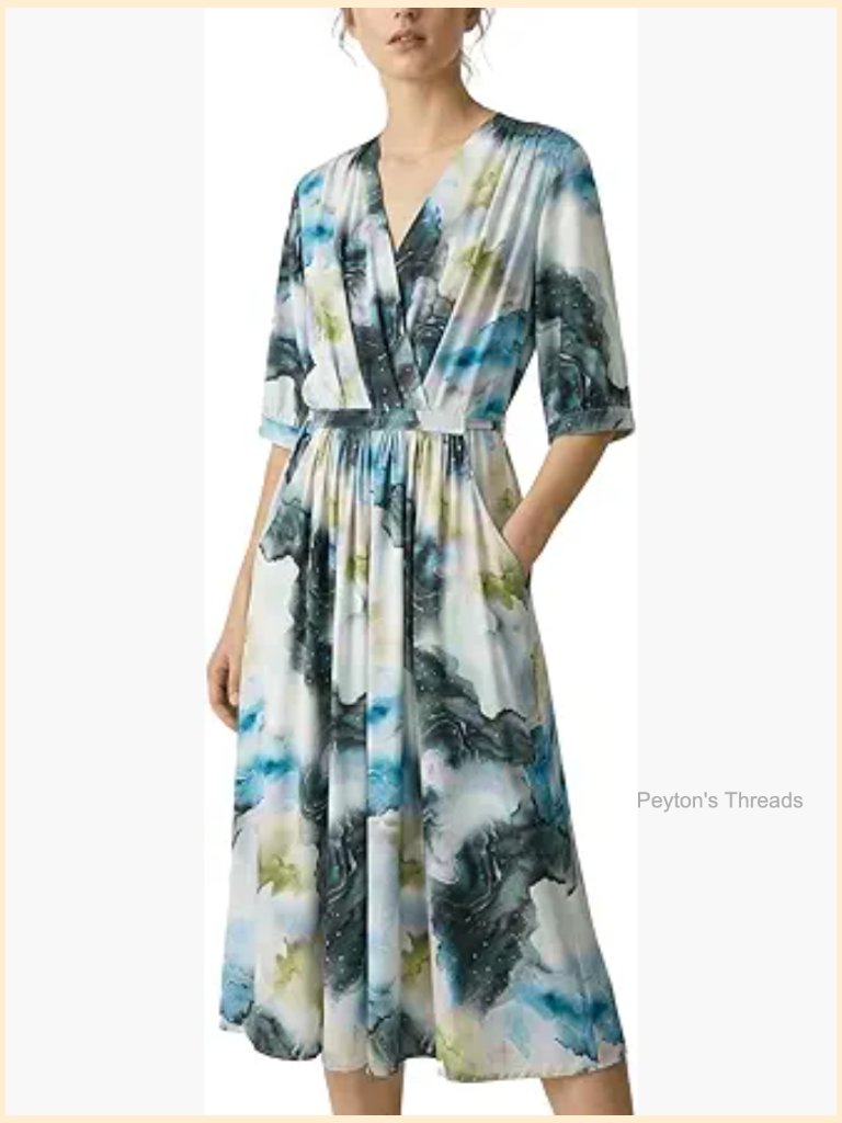 Genuine Mulberry Silk V-Neck Midi Dress With Pockets Pleated Tie Waist